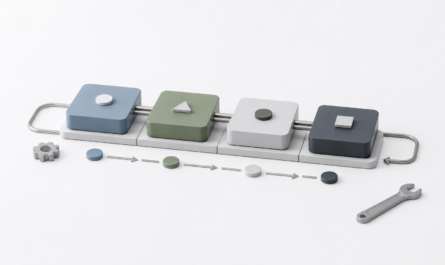 Minimal connected process blocks on a white background, representing an operating model for AI-driven delivery.