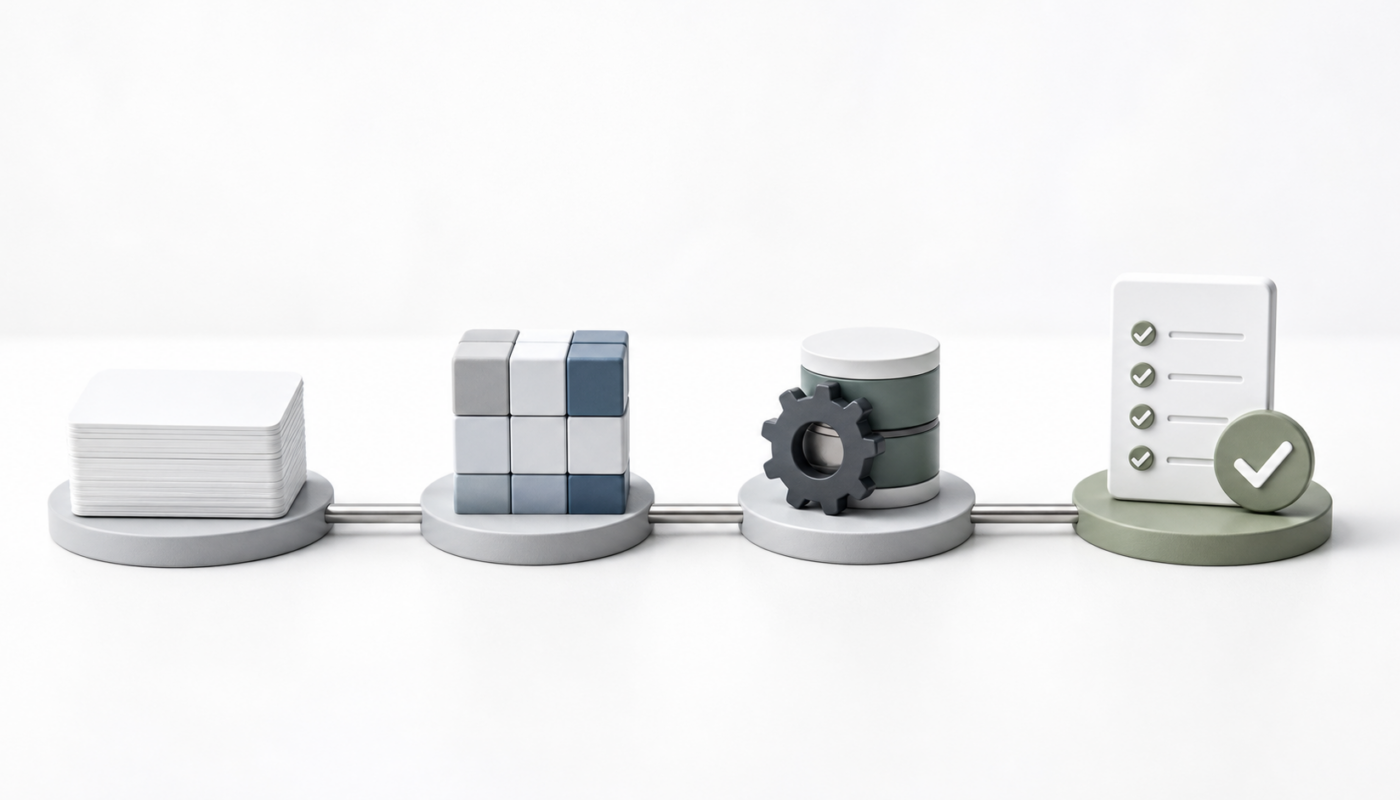 Four minimalist white-background stations showing notes, prototype blocks, database hardening, and go-live readiness.