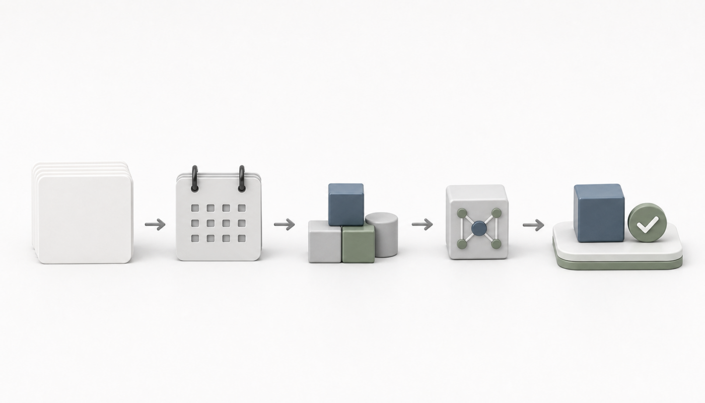 Minimal objects showing SDLC handoffs compressed into focused delivery stages.