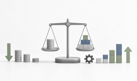 Minimal cost-control and capability-growth objects on a white background.