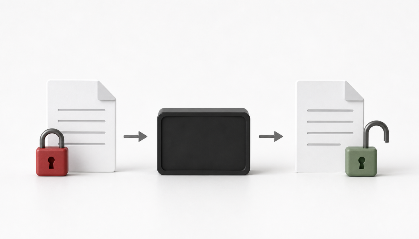 Minimal PDF lock and command-line workflow showing an owned document being unlocked responsibly.